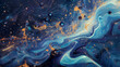 a swirling nebula of blue and gold hues with speckled light, resembling a cosmic scene with floating orbs.