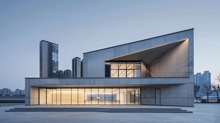 A concrete small building with a shape repeated three times, in city, in the style of precise nautical detail, dark white and gray, danube school, metallic surfaces, geometric shapes & patterns, desig