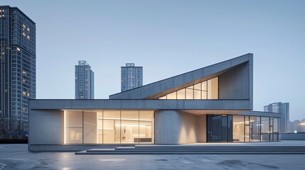 A concrete small building with a shape repeated three times, in city, in the style of precise nautical detail, dark white and gray, danube school, metallic surfaces, geometric shapes & patterns, desig