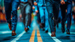 close up of legs of businessmen running in the street, wearing suits. Competition concept 