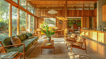 Mid Century Interior With Warm Sunlight, Rustic Flair, With Greenery and Wooden Walls. Hand Made Coffee Table and Green Couch. Indoor Bar
