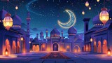 Fototapeta  - Ramadan Kareem. Eid Mubarak. Vector Muslim Islamic illustration of night city with mosque, crescent and lanterns, traditional carpet pattern, Arabic gate and Muslim for greeting card, poster