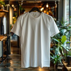 Wall Mural - A clean, white t-shirt , displayed on a hanger in a modern clothing store interior 