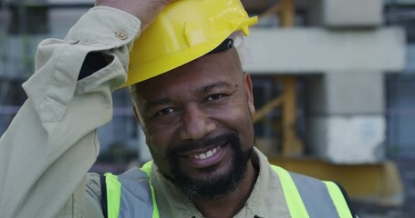 Sticker - Face, construction site or happy black man with hardhat, smile or pride for architecture or building. Engineering, industrial development or safety of mature builder, maintenance worker or contractor