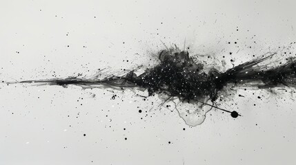 Dynamic black ink splatter with scattered droplets creating an abstract expressionist art on a white backdrop.