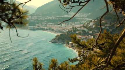 Wall Mural - Beautiful view from side ancient fortress of city Alanya to turquoise water sea bay coastal line houses and mountains in green frame of cedar branches : Generative AI