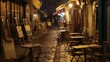 Typical night view of cozy street with tables of cafe and easels of street painters in quarter Montmartre in Paris France : Generative AI