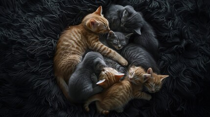 Mother cat with fluffy kittens sleeping in group curled up and snuggling up to each other top view Cute lovely cat family sleeps on black textured mat : Generative AI