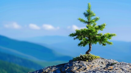 Wall Mural - Beautiful natural landscape with coniferous tree on top of mountain against background of forest and blue sky in morning Panorama : Generative AI