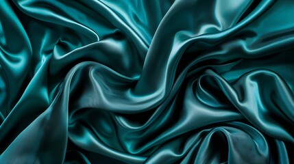 Poster - Dark teal green silk satin Shiny smooth fabric Soft folds Luxury background with space for design web banner Flat lay top view table Birthday Christmas Valentine New year : Generative AI