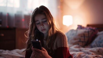 Wall Mural - Single sad teen holding a mobile phone lamenting sitting on the bed in her bedroom with a dark light in the background : Generative AI