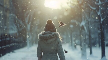 Aufkleber - City park in winter with heavy snowfall Woman walks down the street and flying birds in the snow storm in the city Snow flakes falling : Generative AI