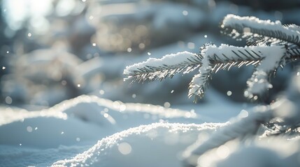Aufkleber - Light Christmas background Decorative snowflakes closeup in snow on sunny day Snowy landscape with spruce fir branches covered with snow and falling snow on nature outdoors copy space : Generative AI