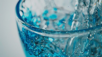 Poster - Beautiful texture of flow stream water closeup macro A stream of clean transparent cold water is poured into a blue glass beaker on silvery white background with free space : Generative AI