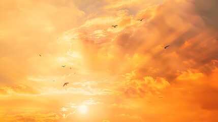 Fototapete - Fiery orange sunset Dramatic golden sky at the sunset background with Seagulls flying over the sea : Generative AI