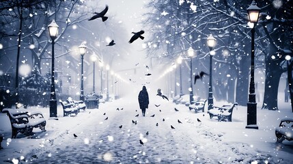 Poster - City park in winter with heavy snowfall Woman walks down the street and flying birds in the snow storm in the city Snow flakes falling : Generative AI