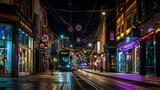 Fototapeta Londyn - Birmingham UK Night life in the center of Birmingham UK Dark black sky with illuminated buildings shops and stores Tram trail lights : Generative AI