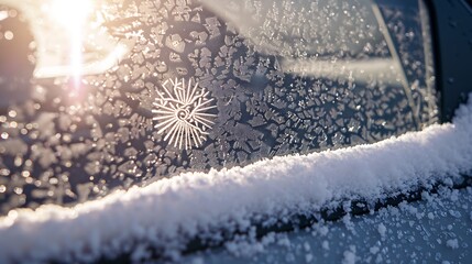 Aufkleber - Snow background Texture of wet snow with sun symbol pattern in the winter window of the car outdoors closeup Happy joyful sunny image : Generative AI