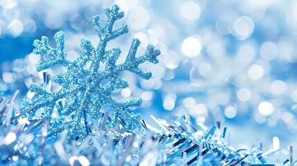 Poster - Background for christmas and new year Light blue snowflake texture with sparkles closeup macro with soft focus Template for the congratulate text : Generative AI