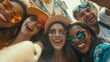 Multicultural best friends having fun taking group selfie portrait outside Smiling guys and girls celebrating party day hanging out together on city street Happy lifestyle and friendsh : Generative AI