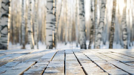 Aufkleber - Winter christmas scenic background landscape in sunny day Empty wooden flooring stage platform white birch branches covered snow in forest on nature soft focus copy space : Generative AI