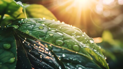 Poster - An amazingly beautiful macro image of water or dew drops on a green leaf of a plant with sunlight reflected in a large drop in nature : Generative AI