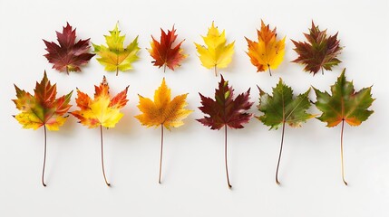 Wall Mural - frontal view of ten natural maple leaves of the autumn period in yellow orange red burgundy green co