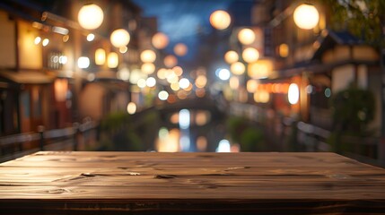 Poster - Empty mahogany red wood table surface for place product Blur background of Pontocho district view bar and restaurant riverside in night time KyotoJapan : Generative AI