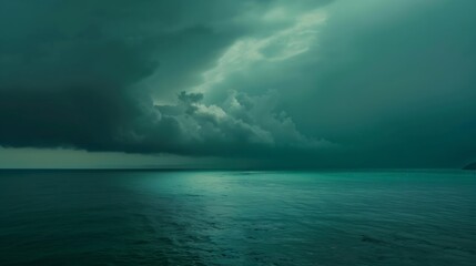 Wall Mural - Blue green clouds over the sea Toned seascape Dark teal water and sky background with copy space for designRocky coastline on the horizon Creepy scary atmosphere mood : Generative AI