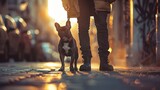 Fototapeta  - Man with his dog French Bulldog in the street : Generative AI