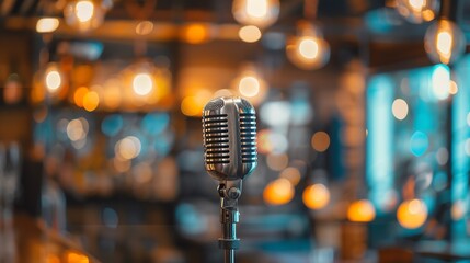 Poster - microphone against blur on beverage in pub and restaurant background : Generative AI