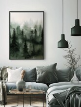 Closeup Couch Living Room Wall Misty Forest Scene Swedish Urban Landscape Green Charts Solid Grey Luminist Polar Hanging Scroll