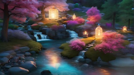 Wall Mural - night in the park, fantasy paradise panorama, seamless looping time-lapse virtual video animation background.