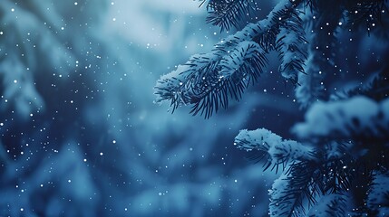 Aufkleber - Blue winter christmas nature background frame banner format Snowcovered fir branches against defocused blurred forest and falling snow Closeup copy of space : Generative AI