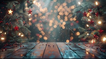 Aufkleber - Festive Christmas stage scene background framing Fir branches decorated with stars and red berries and empty wooden flooring platform Beautiful round bokeh copy space : Generative AI