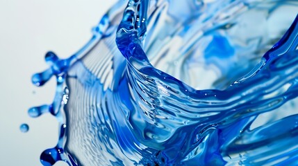 Poster - Beautiful texture of flow stream water closeup macro A stream of clean transparent cold water is poured into a blue glass beaker on silvery white background with free space : Generative AI
