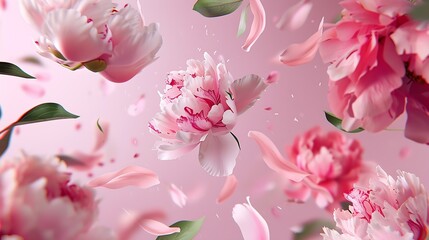 Wall Mural - Beautiful peony flowers flying on pink background : Generative AI