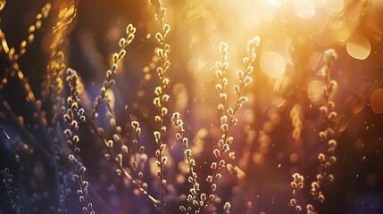 Flowering willow branches glow in sunlight outdoors in spring on dark background closeup macro Atmospheric artistic image with beautiful bokeh : Generative AI