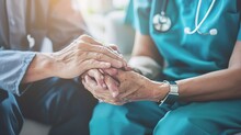Close Up Caring Nurse Holding Smiling Mature Patient Hand At Meeting In Hospital Doctor Caregiver Wearing Uniform Comforting And Supporting Senior Man Good News About Treatment Empathy : Generative AI