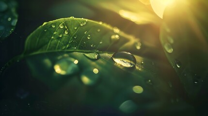Poster - An amazingly beautiful macro image of water or dew drops on a green leaf of a plant with sunlight reflected in a large drop in nature : Generative AI