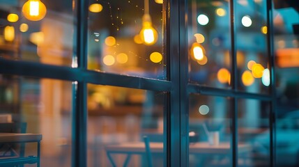 Poster - evening city through the cafe window blurred : Generative AI