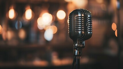 Poster - microphone against blur on beverage in pub and restaurant background : Generative AI