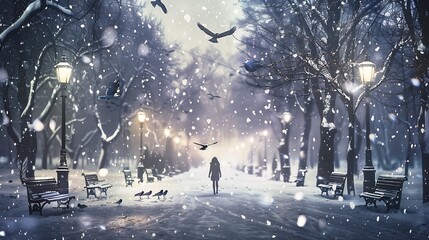 Poster - City park in winter with heavy snowfall Woman walks down the street and flying birds in the snow storm in the city Snow flakes falling : Generative AI