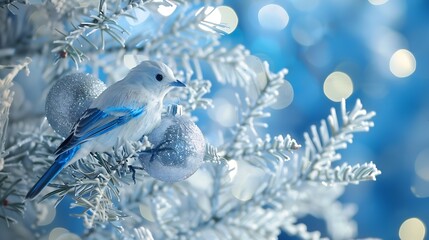 Poster - White Christmas tree decorated with silver Christmas balls and beautiful blue bird good luck on sparkling background blue evening sky with falling snow flakes with beautiful bokeh copy : Generative AI