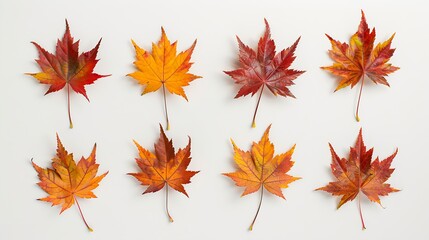 Wall Mural - a set for creativity of ten natural maple leaves of the autumn period in yellow orange red burgundy 