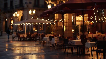 Street restaurants at Placa Reial in winter evening Barcelona : Generative AI