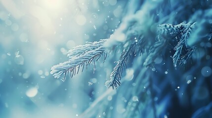 Aufkleber - Blue winter christmas nature background banner format Snowcovered fir branches against defocused blurred forest and falling snow Closeup copy of space : Generative AI