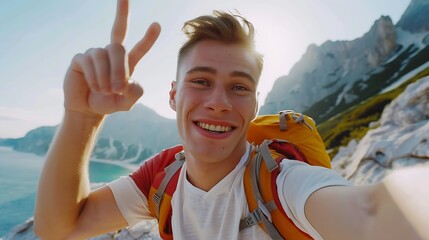 young man with backpack taking selfie portrait on a mountain smiling happy guy enjoying summer holid