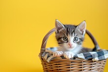 Kitten In Basket Isolated On Yellow Background