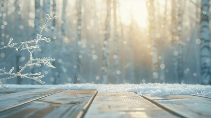 Aufkleber - Winter christmas scenic background landscape in sunny day Empty wooden flooring stage platform white birch branches covered snow in forest on nature soft focus copy space : Generative AI
